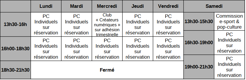 Lundi, mardi, jeudi et vendredi : créneaux en réservation individuelle de 13h30 à 18h30. Mercredi 13h à 16h Club Createurs numeriques et 16h00 à 18h30 créneaux en réservations individuels. Samedi 13h30 à 15h30 Commission e-sport et 16h30 à 21h30 créneaux en réservations individuels